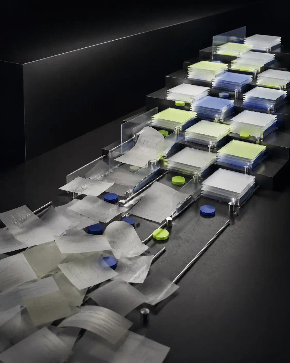 Scattered paper resolving into an ordered grid of stacked, colour-coded trays — friction becoming an operating system.